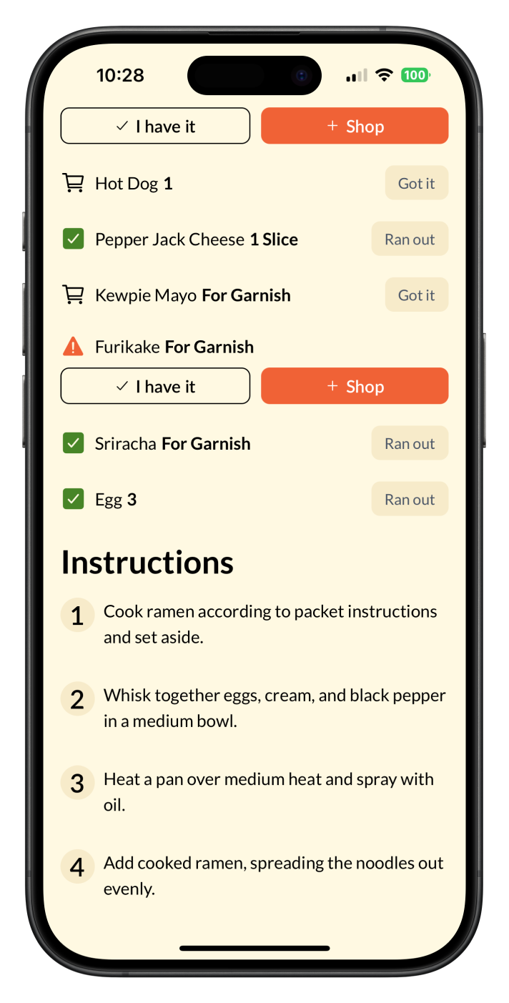 Step 3 Mobile Annotations: AI suggested substitutes for ingredients list and description of cohesive recipe instructions